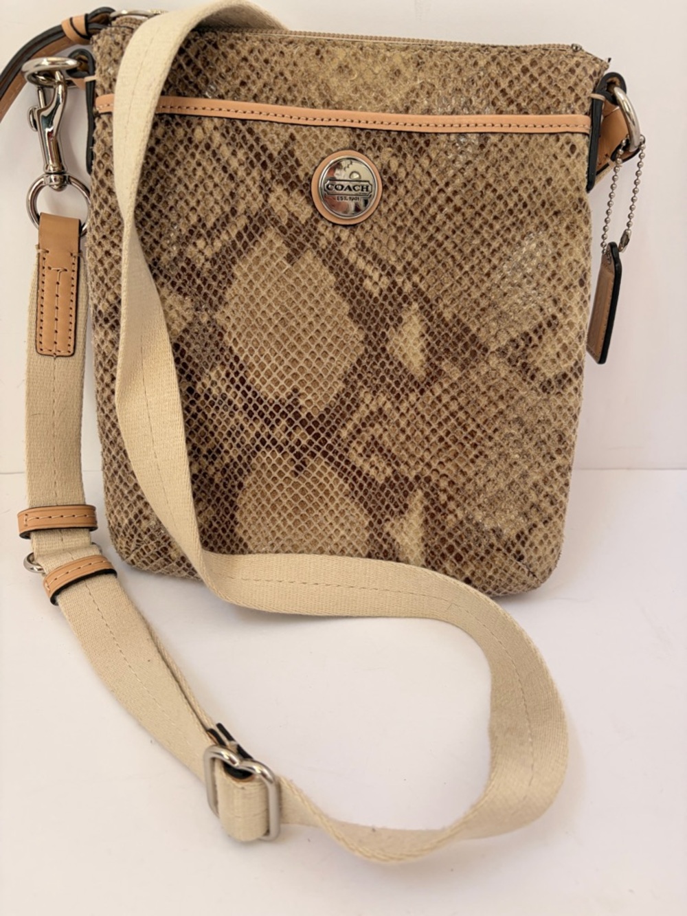 COACH Beige Snake-Print Crossbody with Canvas Strap